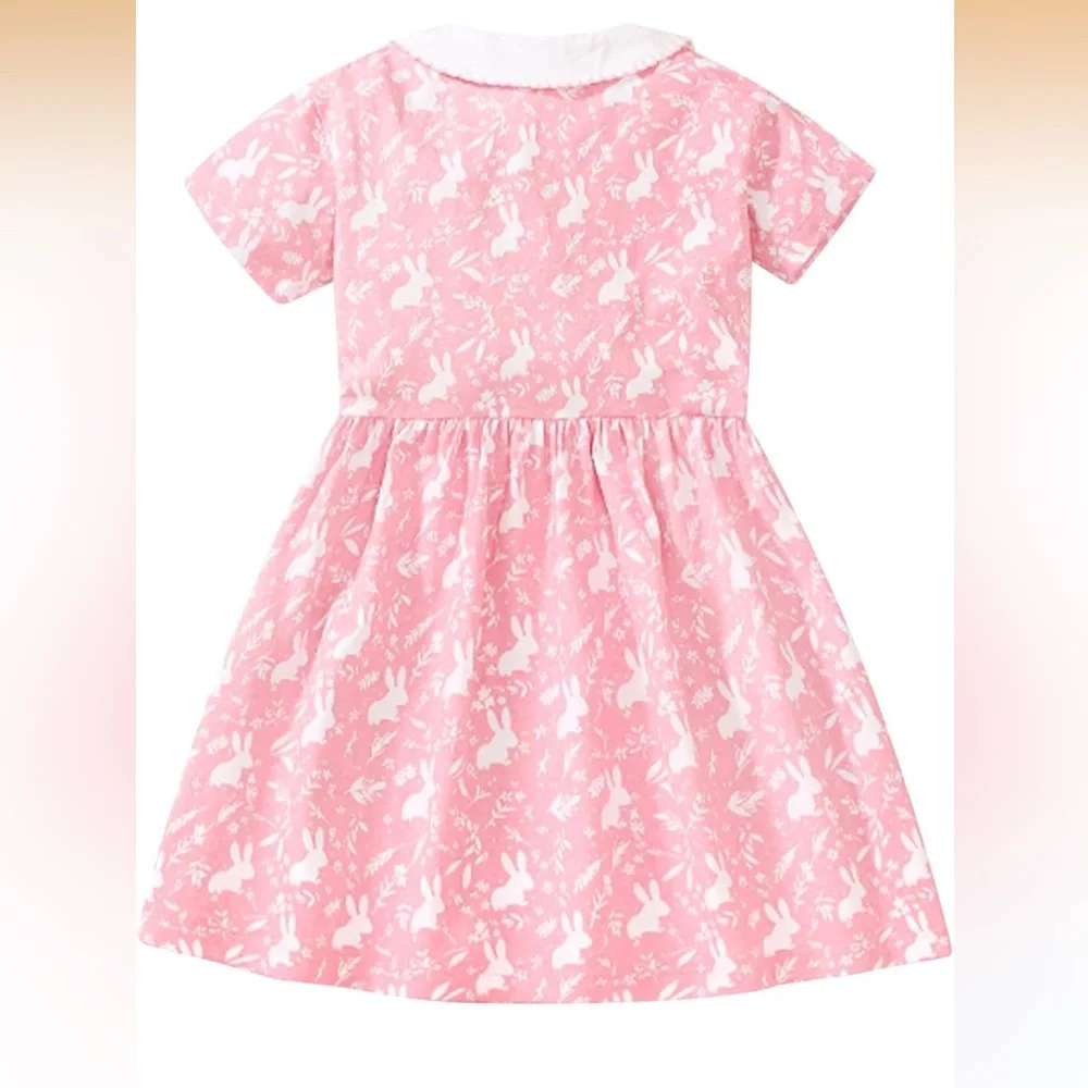 5/$25🌼 Toddler Girls’ Pink and White Bunny Dress with Peter Pan Collar size 4Y